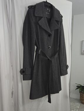 Calvin Klein Dark Charcoal Gray Belted Wool-Blend Trench Coat